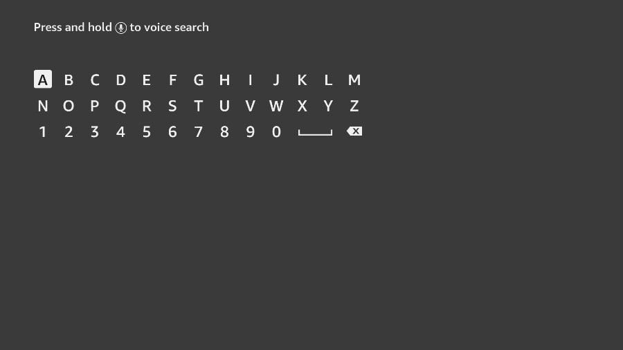 Fire TV-Suchbildschirm mit einer Bildschirmtastatur zur Eingabe von App-Namen oder Suchbegriffen.