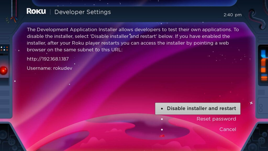 Roku-Entwicklereinstellungen mit Installationsoptionen für Entwickler, IP-Adresse und Benutzername.