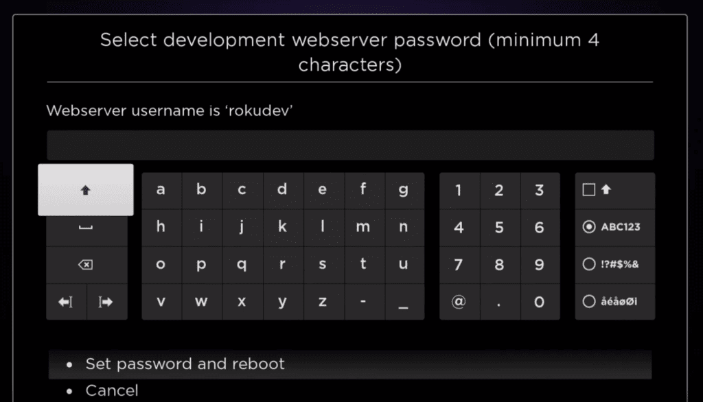 Roku-Entwicklermodus-Bildschirm mit Eingabeaufforderung zur Einrichtung eines Passworts für den Entwicklungs-Webserver.