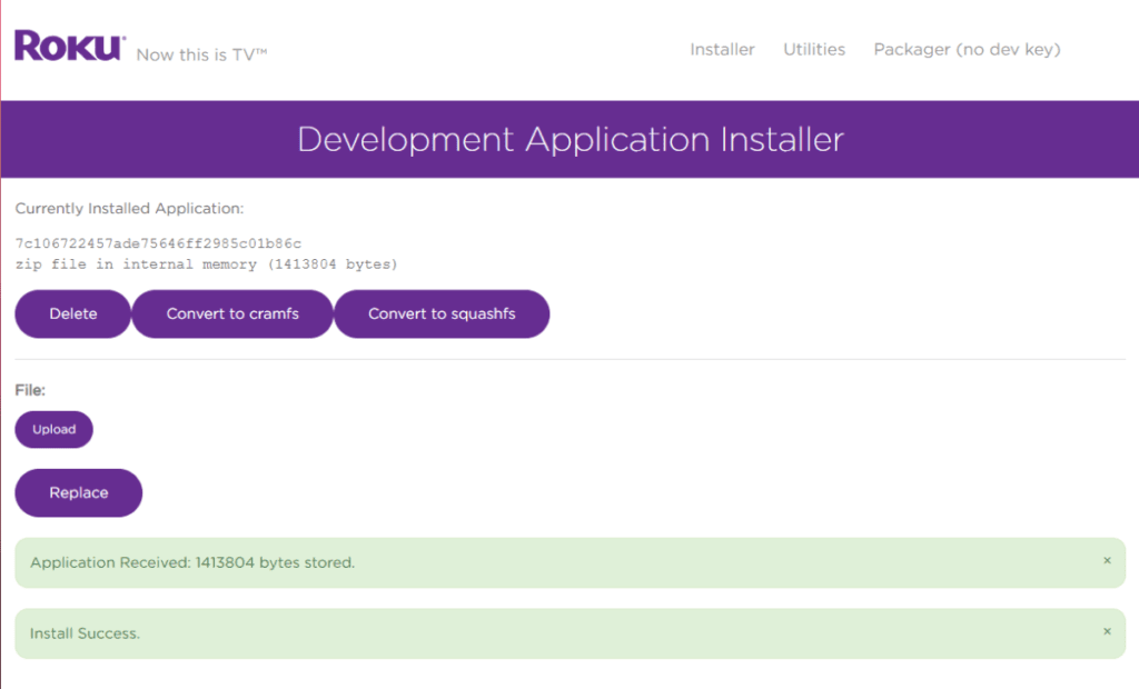 Roku-Entwickleranwendungs-Installer mit erfolgreicher Installationsmeldung für IPTV Smarters.