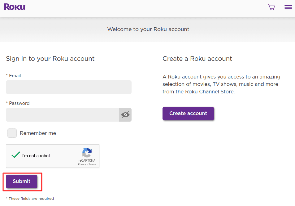 Roku-Anmeldeseite mit Eingabefeldern für E-Mail, Passwort und Optionen zur Kontoerstellung.